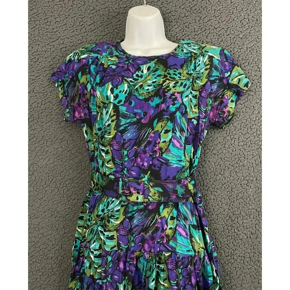 VTG Luci Pellini Tropical Floral Print Dress Sz 10 Regular 80's Belted Women's - Picture 12 of 14